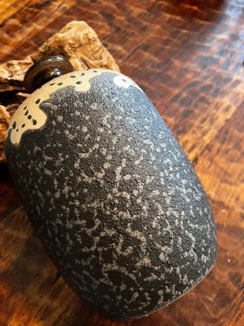 Vintage Carved Textured Glaze Stoneware vase 9.5 Tall